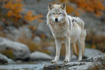 A wolf is standing on a rock next to water, high quality, high resolution