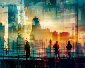 A group of construction workers are seen in a city skyline. The image is a collage of different elements, including buildings, construction workers, and a sunset. Scene is one of hard work
