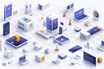 Illustration of a complex online shopping system with various interconnected devices, highlighting the digital infrastructure of e commerce