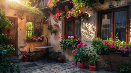Colorful Flowers In Pots On A Patio In A Sunny Italian Courtyard