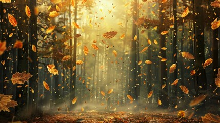 An autumn forest with golden leaves falling. --ar 16:9 Job ID: 4e978cca-f4fc-4527-b0c8-bd4ff670c610
