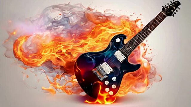 The electric guitar features a design of colourful flames that cascade across both the strings and the body