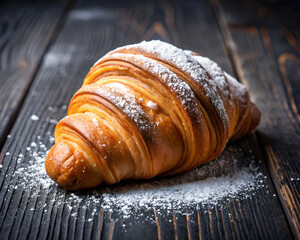 One croissant sprinkled with powdered sugar on black wooden background, generated by AI illustration.