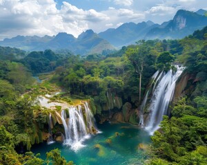 Fototapeta premium A beautiful waterfall surrounded by lush green trees and mountains. The water is crystal clear and the scenery is breathtaking