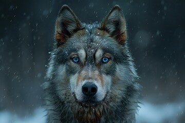 Featuring a  dog in the dark with dark blue eyes, high quality, high resolution