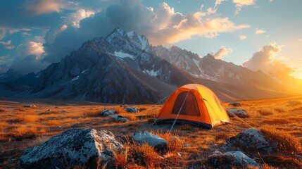 The serene beauty of a mountain range at golden hour is captured with a single tent overlooking the scenery