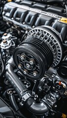 Close up of car engine and exhaust, highlighting mechanical components and engineering complexity