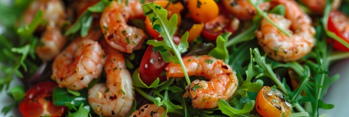 Shrimp, tomatoes, arugula salad, Mixed seafood salat with fried shrimps, greens close up