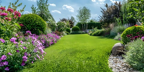 Obraz premium Beautifully Maintained Backyard Garden with Colorful Flowers and Trimmed Shrubs on a Sunny Day. Concept Backyard Garden, Colorful Flowers, Trimmed Shrubs, Sunny Day, Beautifully Maintained