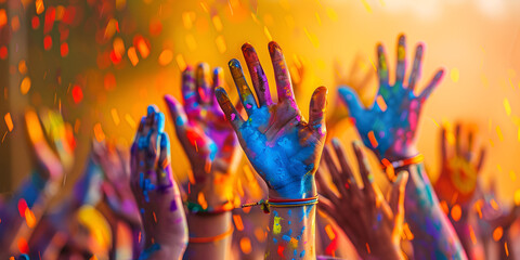 Festive Gathering with Colorful Hands Up
Group Unity with Hands in the Air
Energetic Group with Hands Raised