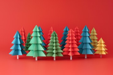Colorful christmas trees on a red background in 3d for holiday festive decoration and celebration
