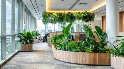 Design a biophilic office space with natural elements and abundant plant life. --ar 16:9 Job ID: 91b92f89-6440-4e1b-8486-70db22eed63b