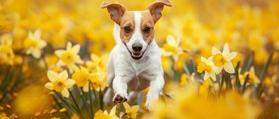 A dog is running through a field of yellow flowers