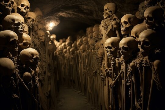 Haunting view of an underground catacomb filled with ancient skulls and bones illuminated by soft lighting