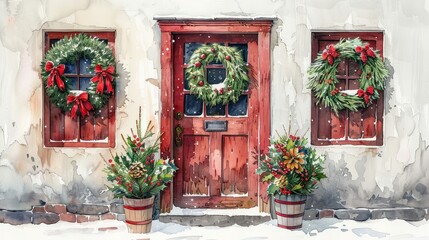 Christmas Home Decoration Set - A Watercolor Art Illustration of a Christmas Wreath on a Door in Winter