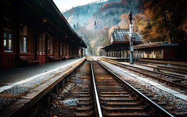 Obraz premium The old train station, the railroad. Rural landscape. Banner, poster, background. Copy space.