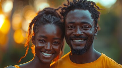 Portrait of a smiling young African couple with the sun setting behind them, showcasing love and connection - Powered by Adobe