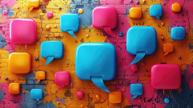 Dynamic Communication Concept: Vibrant Speech Bubbles on Textured Wall