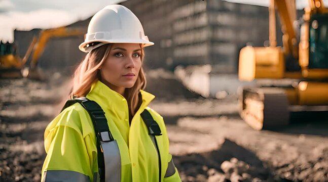 Frau steht in Schutzkleidung auf Baustelle