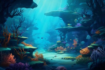 Fototapeta premium Vibrant digital artwork depicting a serene underwater scene illuminated by sunlight filtering through