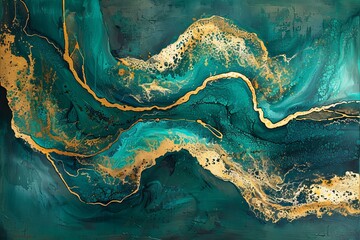 Turquoise and gold abstract painting with metallic