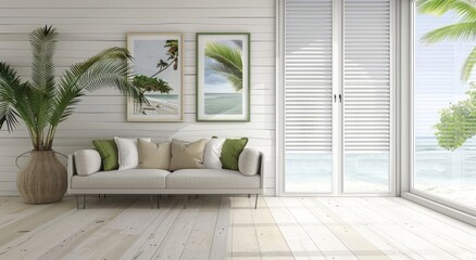 A living room with white walls, wooden floor and window blinds, featuring three picture frames on the left wall