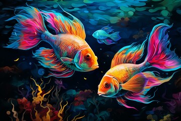 Colorful illustration showcasing two tropical fish with vivid hues swimming in a stylized underwater setting