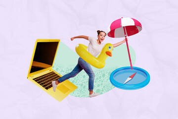 Composite photo collage of happy girl run wear duck lifebouy book vacation macbook device summer umbrella isolated on painted background