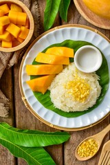 Mango and  Sticky Rice on banana leaf with white plate  and coconut milk wooden blackground, top view food table
