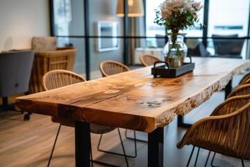 A long wooden dining table with black metal legs was set in an office room. The tabletop was made of natural wood and had visible grain patterns that added texture to the space