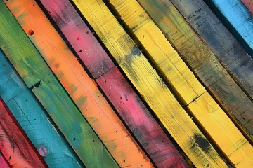 Rainbow colored wood planks laying on top of each other