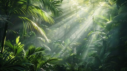 A dense rainforest with rays of sunlight piercing through. --ar 16:9 Job ID: 9095914b-ff4e-4cf8-bf2c-6613927d41d5