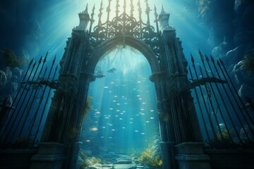 Ethereal image of an ornate gate underwater, with sunrays piercing through and fish swimming by