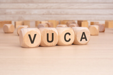 short word english text VUCA on a wooden cubes with wooden background