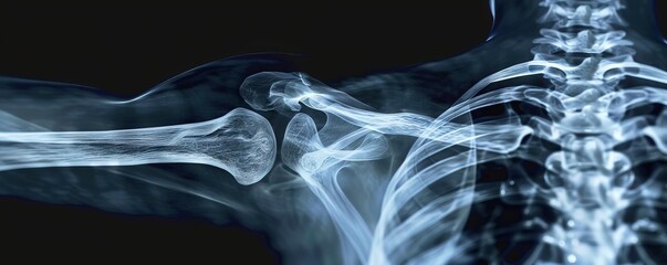 A diagnostic Xray showcasing a fully fractured clavicle, clearly revealing bone structure and vertebrae for accurate medical analysis