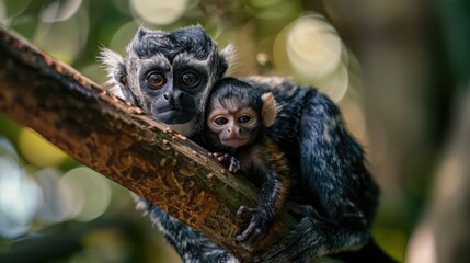 A female chimpanzee with a baby on trees. Republic of the Congo, Dusky Leaf Monkey with baby ,An...