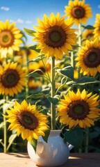 A bouquet of bright, cheerful sunflowers in a white vase, set against a field of blooming sunflowers under a clear blue sky. The vibrant yellows and greens evoke feelings of warmth and joy, perfect
