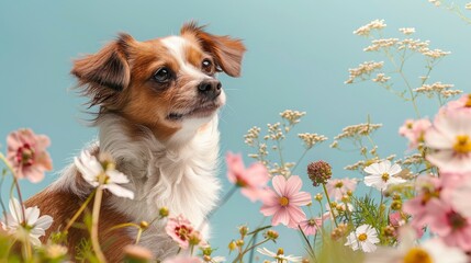 A small brown and white dog is sitting in a field of flowers