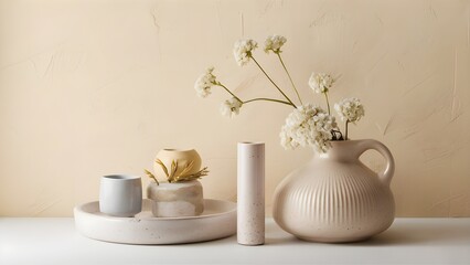 Minimalist Shelf Decor with Neutral-Colored Ceramic Vases and Delicate Flowers, Perfect for Home Decor and Modern Design Concepts