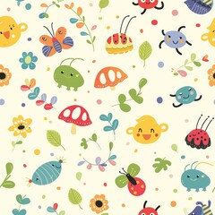 An adorable pattern of cartoon insects and colorful flowers