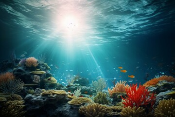 Tranquil underwater scene featuring coral reefs and fish bathed in beams of sunlight