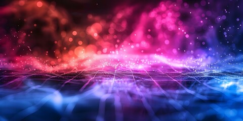 Obraz premium An abstract and colorful grid is surrounded by glowing particles depicting technology abstracts. Concept Technology, Abstract Art, Colorful, Glow Effect, Grid Pattern