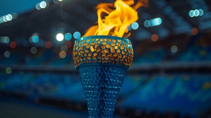 Close-up of a stylized torch with a bright flame in a sports stadium backdrop