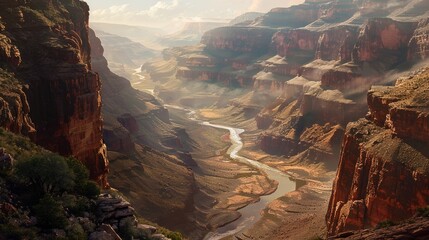A rugged canyon with a winding river at the bottom. --ar 16:9 Job ID:...