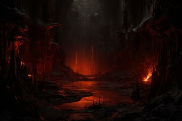 Haunting, atmospheric image of a dystopian landscape with ominous red hues and shadowy depths