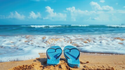 A pair of flip-flops on a sandy beach with waves in the background.