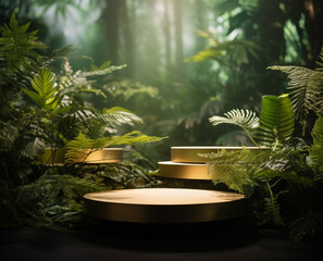 Golden tabletop podiums in lush jungle forest, blurred green leaf plant nature background, natural product placement. Pedestal stand display jungle paradise concept.
