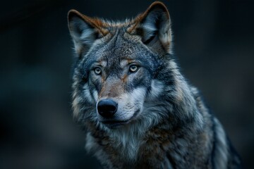 A gray wolf stares out into the distance on a dark day