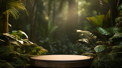 Golden tabletop podium floor in lush jungle forest, blurred green leaf plant nature background, natural product placement. Pedestal stand display jungle paradise concept.