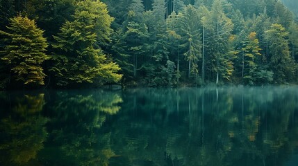 A serene lake with reflections of surrounding trees. --ar 16:9 Job ID: 6bd4dedf-82e7-4613-b1c0-86bcf1b0d596